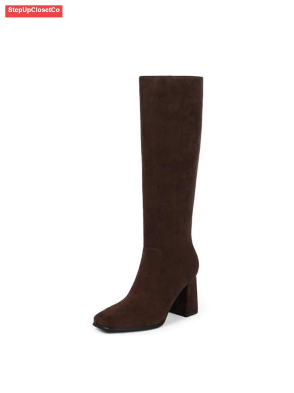 Square Toe Knee High Boots Chunky Heel Tall Faux Leather